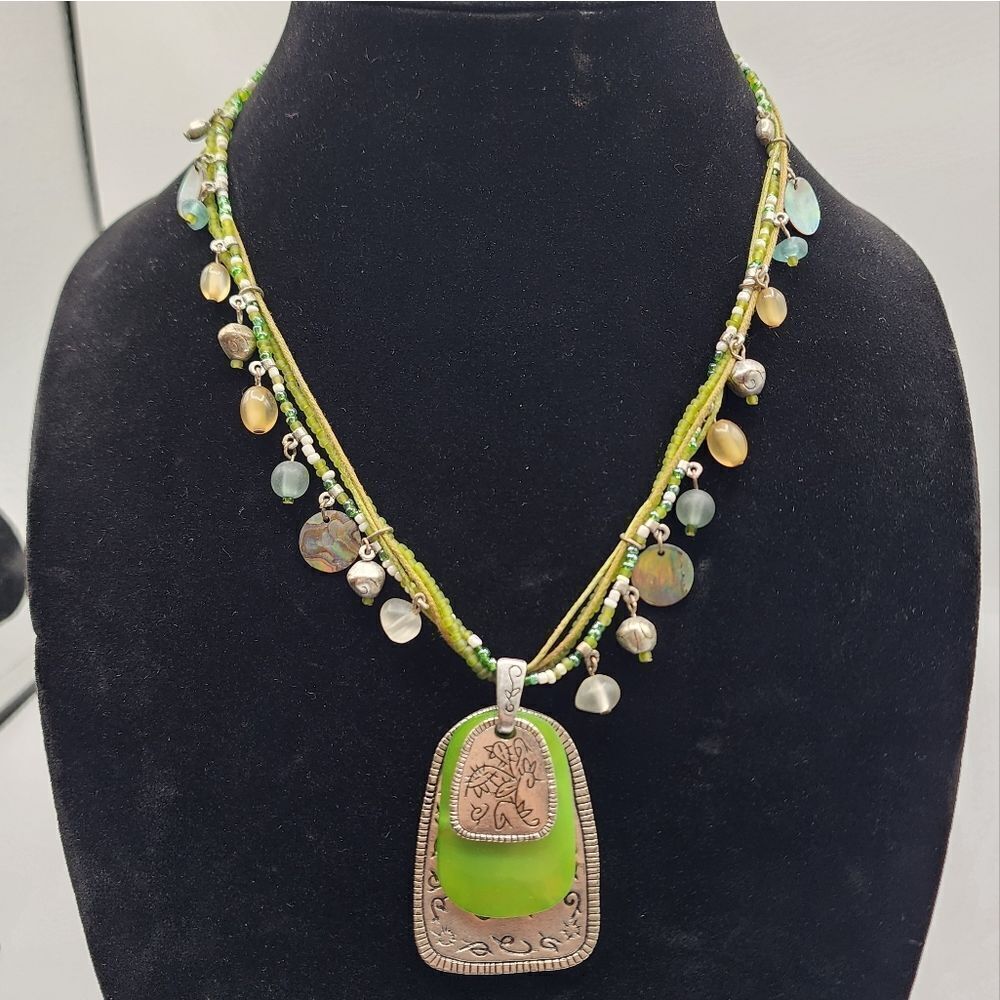 Silver & green multistrand beaded necklace